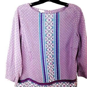 Talbots Geometric 3/4 Sleeve Purple Tribal  Linen Blouse Small